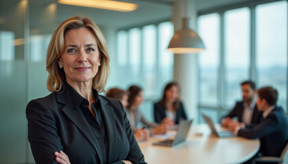 Fototapeta premium In a bright office, a confident businesswoman in formal attire stands out against a blurred meeting room.