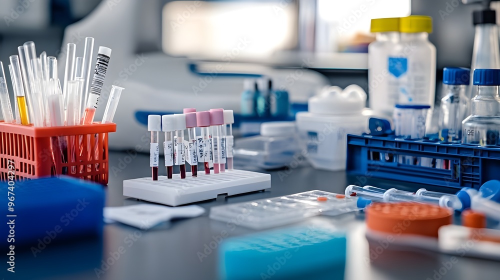 Poster a detailed shot of a virus testing kit placed on a laboratory table.