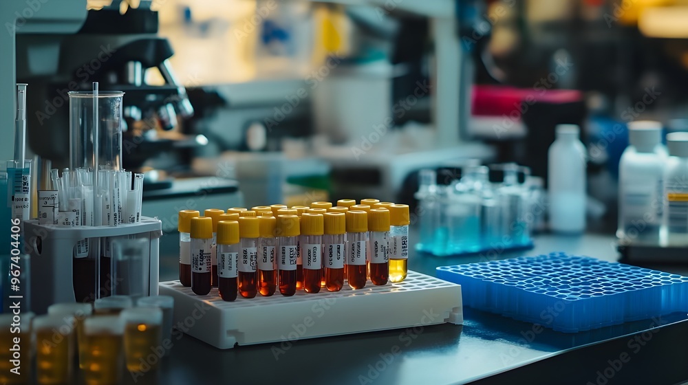 Poster a detailed shot of a virus testing kit placed on a laboratory table.