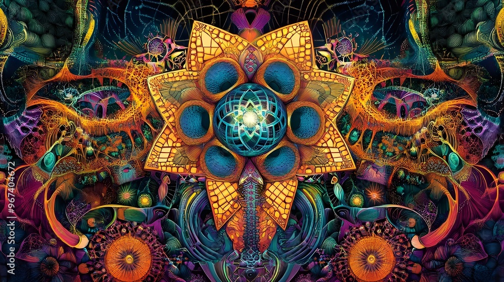 Aufkleber an illustration featuring the dmt molecule within an elaborate framework of sacred geometry.