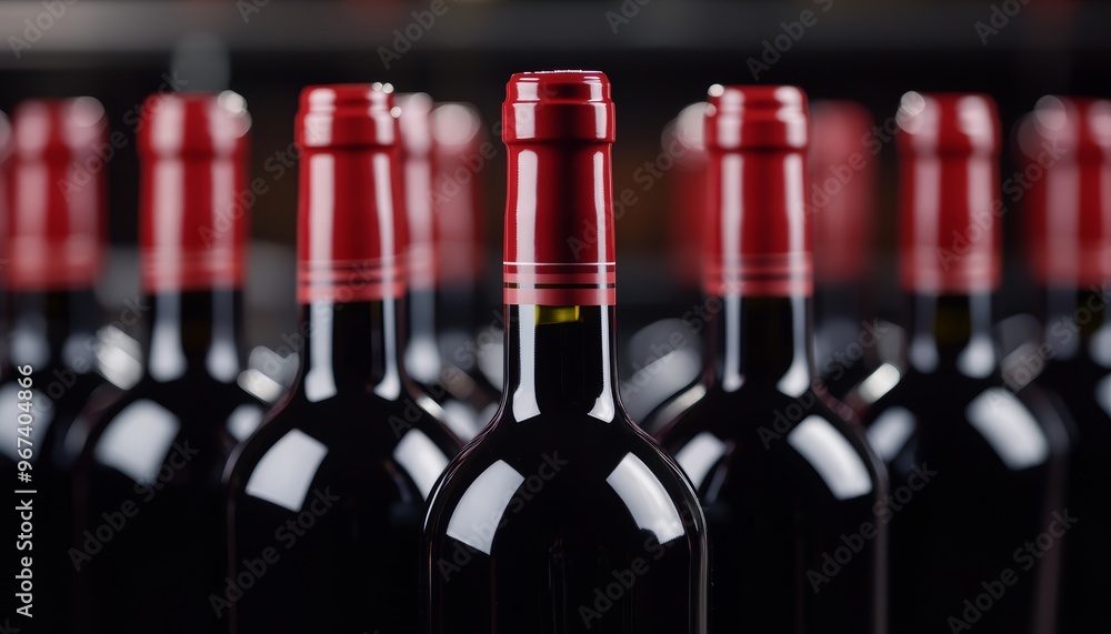 Poster row of dark wine bottles with red caps, industrial backdrop of advanced bottling equipment, precise 