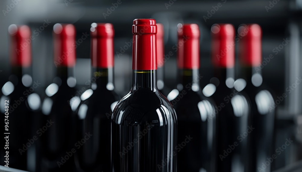 Poster row of dark wine bottles with red caps, industrial backdrop of advanced bottling equipment, precise 