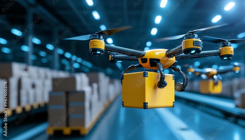 Poster a fully automated warehouse with conveyor belts, robots, and drones moving products efficiently