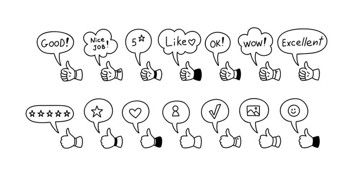 Positive expressions speech bubbles. Thumb up cute line doodle icon. Nice job, excellent, five star rate, wow, ok, like text. Social media post evaluation. Followers emotions