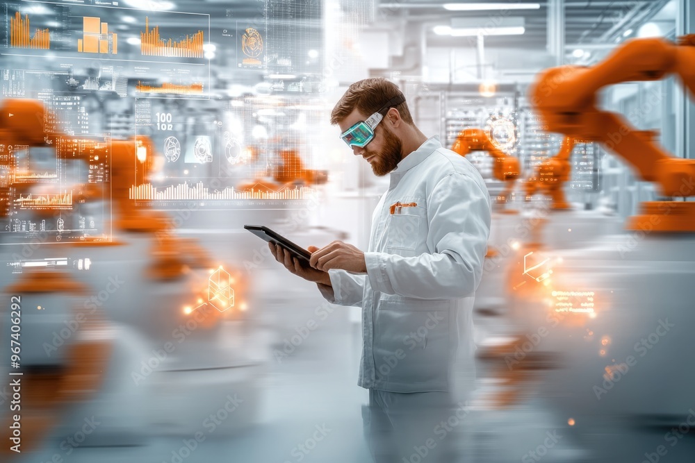Poster very realistic and photographic photo of an engineer with a tablet in a sleek factory, surrounded by