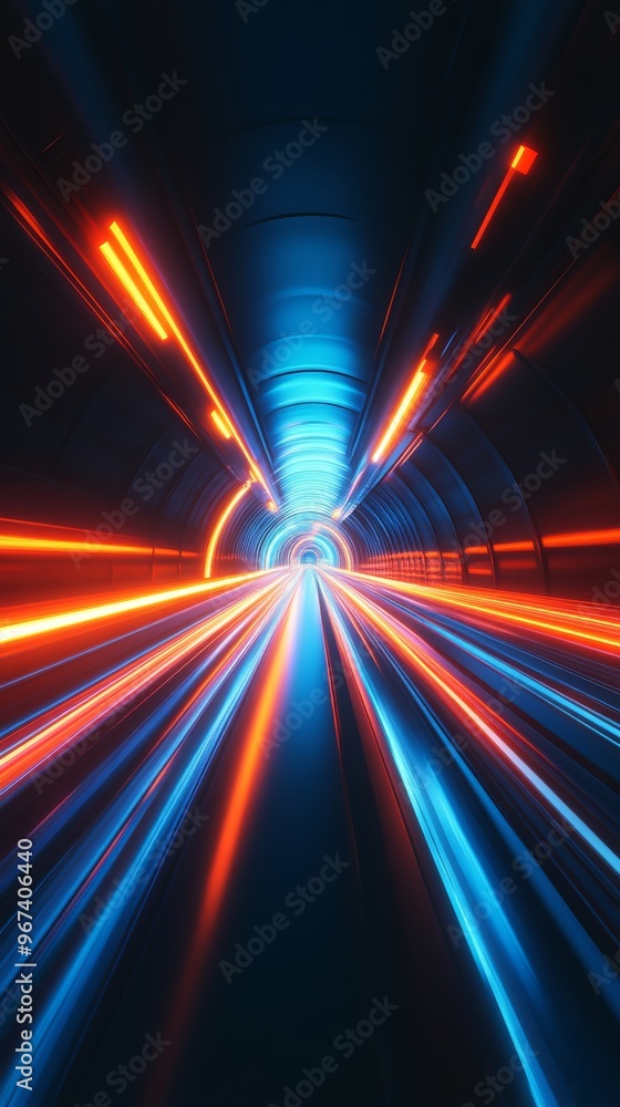 Poster Futuristic tunnel with neon lights, dynamic motion. Technology and innovation concept
