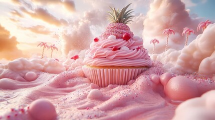 tropical dessert fantasy giant pineapple cupcake island floating in pastel sky whipped cream clouds sprinkle rain candy palm trees