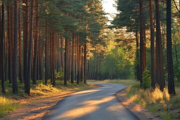 Obraz premium Sunlight filtering through pine trees onto a quiet forest road, tranquil and scenic