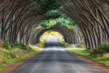 Obraz premium Country road with pine trees arching overhead, forming a natural tunnel