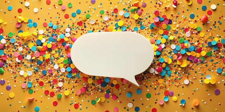"Speech bubbles and colorful confetti fill a warm and inviting background, expressing heartfelt gratitude and overstated appreciation for a kind gesture."