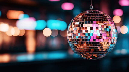 Fototapeta premium A close-up of a hanging disco ball with colorful tiles reflecting light. The background is blurred with vibrant lights, suggesting a party or club setting.