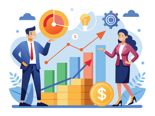Businessman and Woman standing and draw line diagram illustration. Business growth with bar chart