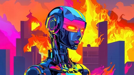 A futuristic robot superhero standing in front of a burning city, chrome finish reflecting flames, comic art, high-detail shading, vibrant neon colors, digital painting