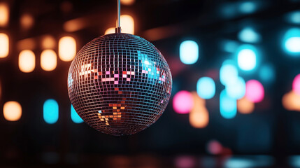 Obraz premium Close-up of a shining disco ball hanging in a vibrant club environment with colorful blurred lights in the background creating a festive and lively ambiance.
