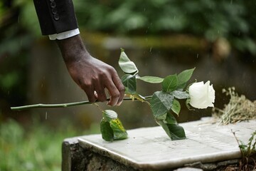 Close up on hand of Black man laying white rose on tombstone on grave in memory of deceased...