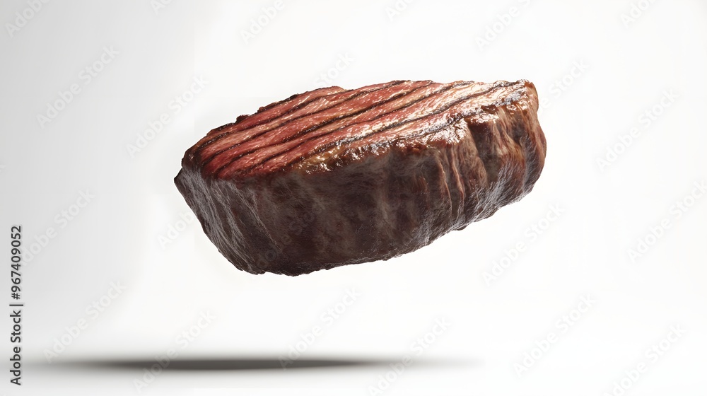 Poster 11. **a 3d render of a falling filet mignon, its succulent texture and grill marks visible against a
