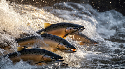Several salmon leap upstream in turbulent water. The sunlight highlights the texture of their scaly skin and creates dynamic movement in the scene