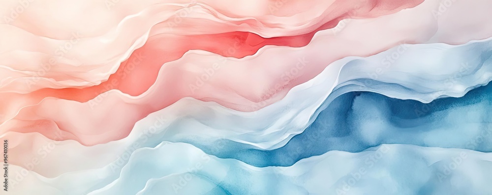 Poster beautiful abstract waves of soft pink and blue colors, creating a serene and calming visual experien