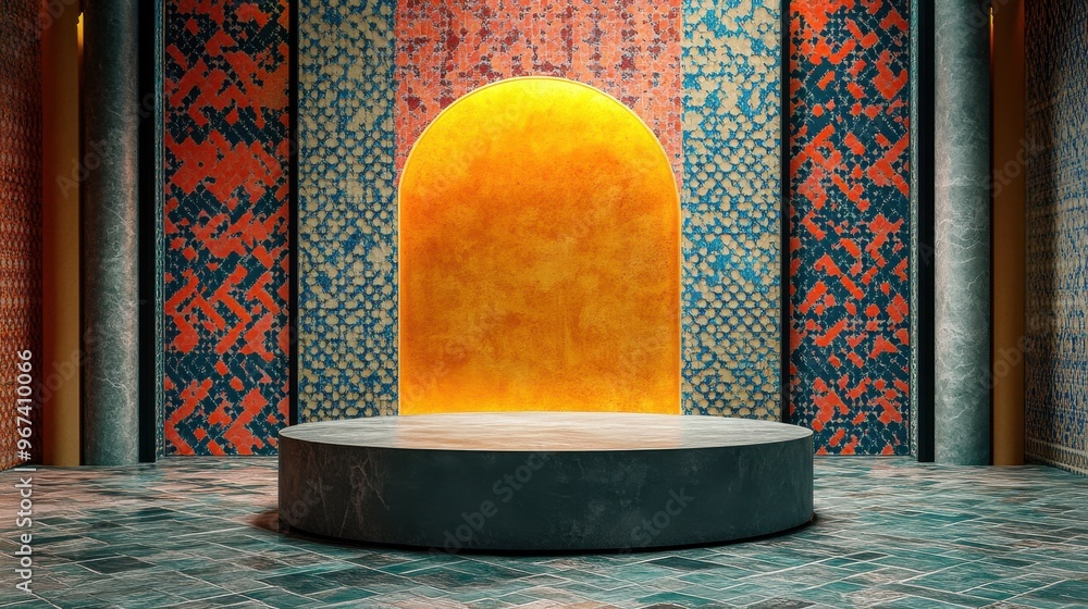 Poster vibrant moroccan zellige pattern in an ornate archway showcasing colorful geometric tiles with a rai