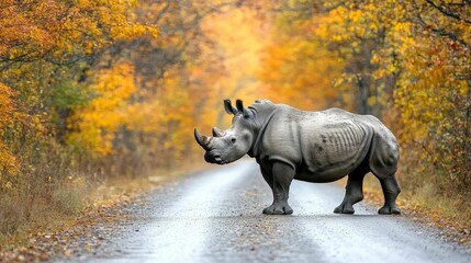Fototapeta premium Rhinoceros on a serene autumn road.