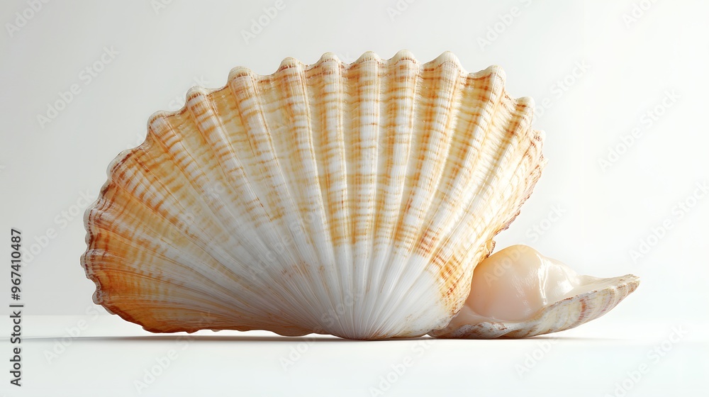 Poster 22. **a 3d render of a falling sea scallop, its round shape and seared surface visible against a pri