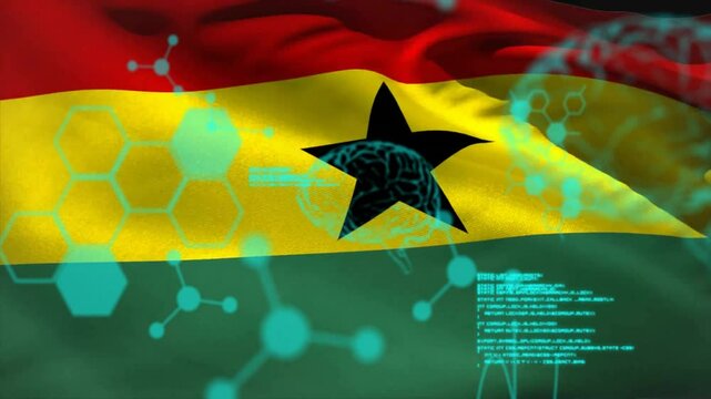 Animation of data processing with brain and molecules over flag of ghana - Powered by Adobe