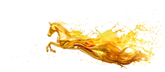 Dynamic golden horse galloping, merging with fluid splashes, symbolizing energy, speed, and fluid power in a vibrant and abstract visual