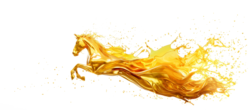 Dynamic golden horse galloping, merging with fluid splashes, symbolizing energy, speed, and fluid power in a vibrant and abstract visual