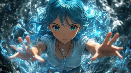 vibrant animestyle heroine determined expression flowing teal hair magical aura wielding elemental powers dynamic action pose against swirling cosmic background