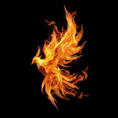 Fototapeta premium Majestic phoenix rising from flames, its body formed entirely of swirling fire against a stark black background, symbolizing renewal and transformation