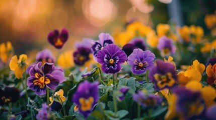 Close up photo of purple and yellow pansies in a garden with selective focus