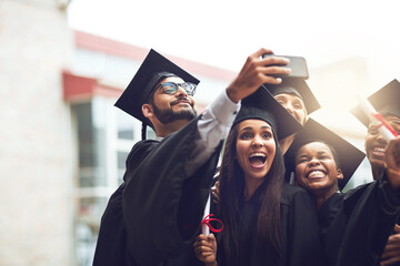 Graduation, college and selfie with excited students for celebration, achievement and success in...