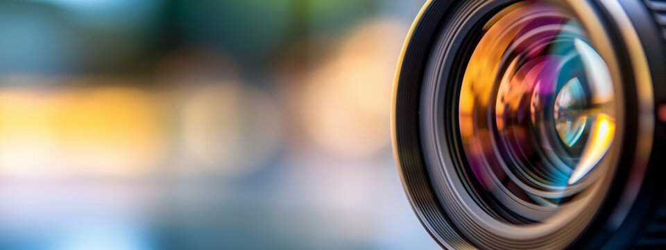 Close-up of a camera lens with a blurred colorful background, highlighting the precision and beauty of modern photography equipment