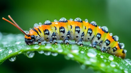 A close-up of a vibrant caterpillar resting on a dew-covered green leaf, its intricate patterns and bold colors standing out against the soft focus of a natural background