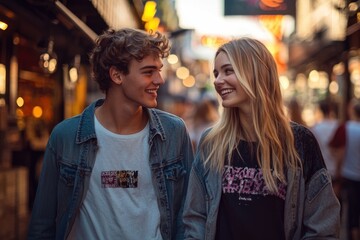 Obraz premium High-resolution brightly lit photorealistic candid photograph of a young couple strolling through a trendy city street, their stylish clothing and happy expressions creating a bright, lively scene.