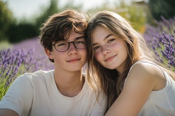 Obraz premium High-resolution brightly lit photorealistic candid photograph of a young couple sitting together, enjoying the beauty of a lavender field, their expressions serene. The scene is styled like a premium