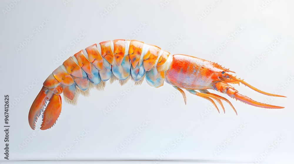 Poster 28. **a 3d render of a falling lobster tail, its segmented shell and vibrant color highlighted again