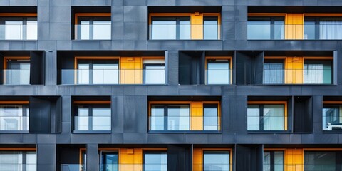 Contemporary architectural designs A residential building facade featuring modern geometric details on a sunny summer day