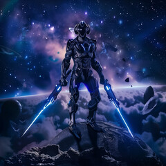 Naklejka premium Galaxy Warrior in Futuristic Armor Wielding Dual Energy Swords on an Alien Planet with Swirling Stars