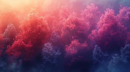 Enchanting Foggy Forest with Pink Trees.