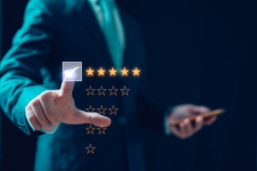 customer services survey Businessman or User give rating to service experience on online application for Customer review satisfaction feedback survey by pressing five stars tick mark