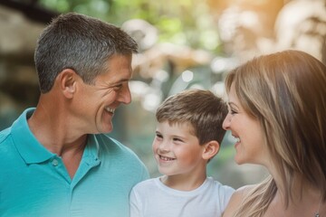 Fototapeta premium High-resolution brightly lit photorealistic candid photograph of a father, mother, and son smiling at each other while standing in front of a zoo exhibit, with a soft, creamy bokeh background. The