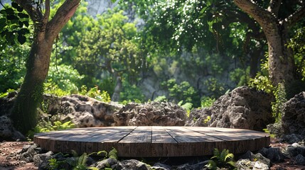 Obraz premium Wooden circular podium in lush tropical forest setting for product showcase with green backdrop