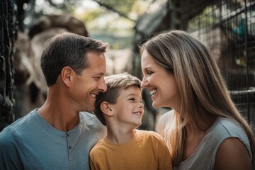 Fototapeta premium High-resolution brightly lit photorealistic candid photograph of a father, mother, and son smiling at each other while standing in front of a zoo exhibit, with a soft, creamy bokeh background. The