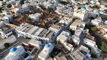 Aerial drone photo of picturesque main village of Kimolos island built next of port Psathi, Cyclades, Greece