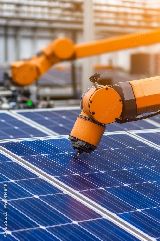 Poster large factory producing solar cells with robots handling the delicate assembly process.