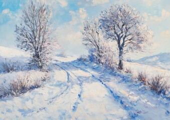 Obraz premium Winter landscape depicted in an oil painting