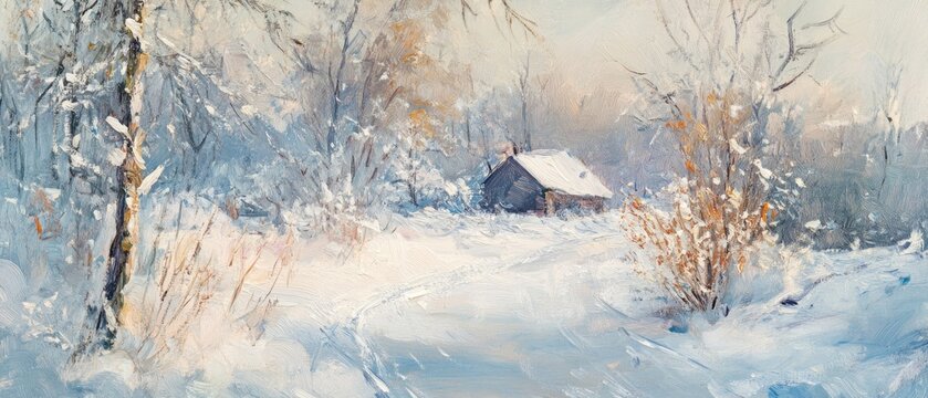 Winter landscape depicted in an oil painting featuring seasonal scenery