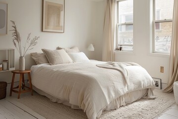 Minimalist white bedroom featuring cozy bedding and simple decor