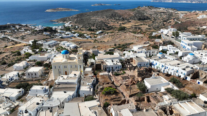 Aerial drone photo of picturesque main village of Kimolos island built next of port Psathi, Cyclades, Greece